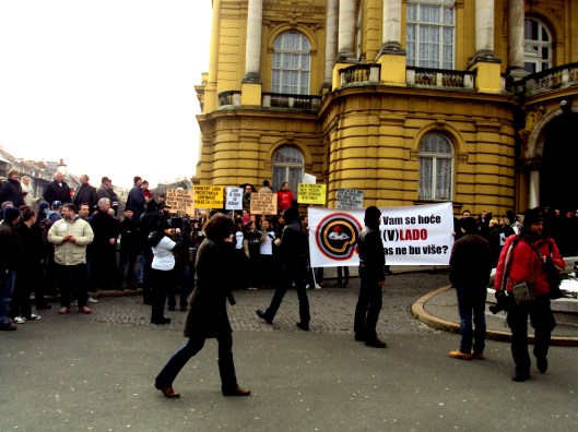 Protesters from LADO gathering in front of the Croatian National Theatre in Zagreb.